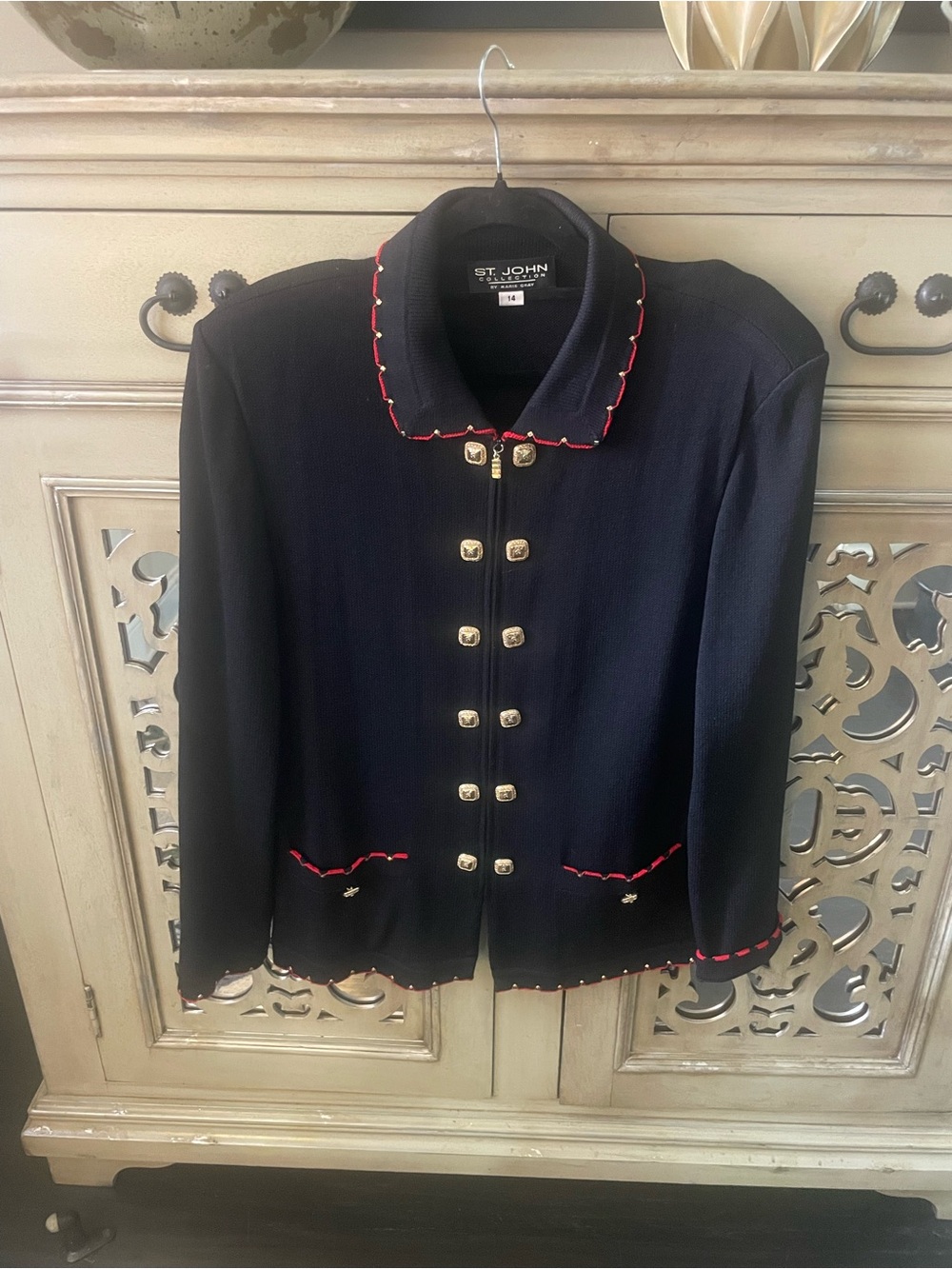 St. John Black Knit Military-Style Jacket with Red Trim